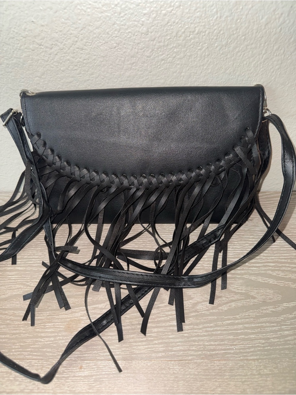 Black Fringe Crossbody Purse Handbag, Faux black